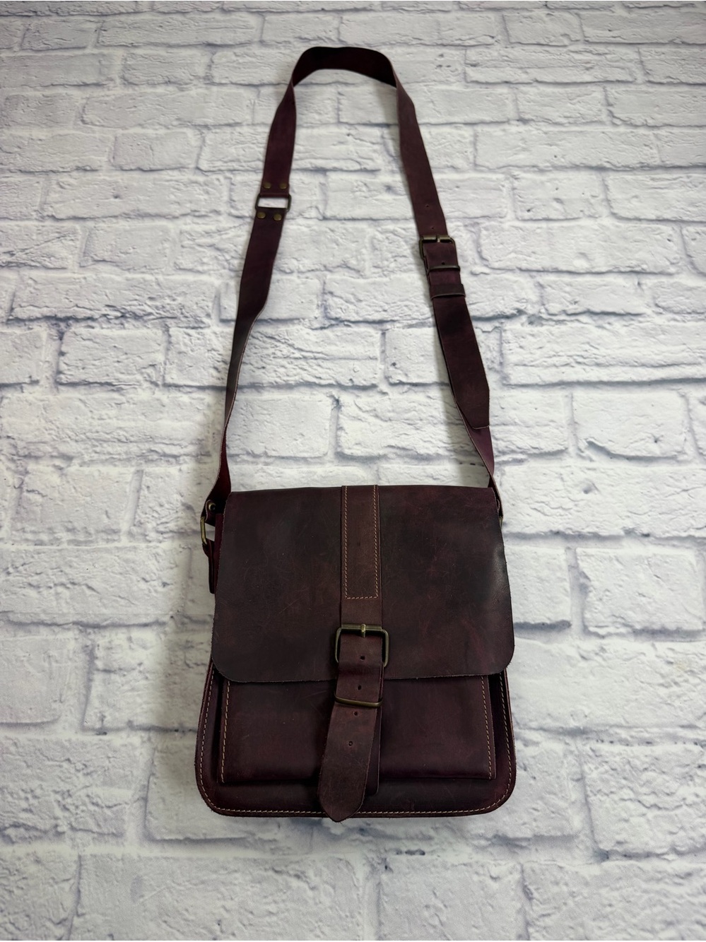 Classic Women's Crossbody Leather Bag in Dark Plum Color.
